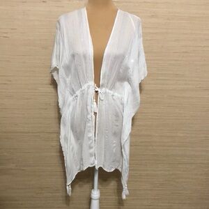 White Women's Swim Drawstring Waist Silver Sequin Tassel Sheer Cover-Up L/XL